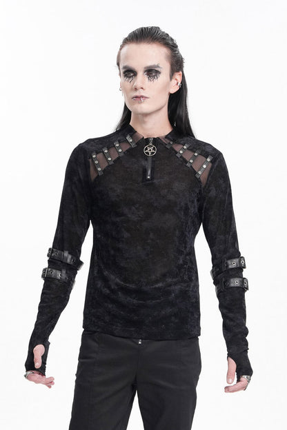 Black Round Collar Long Sleeves Buckle Star Studs Gothic T-shirt