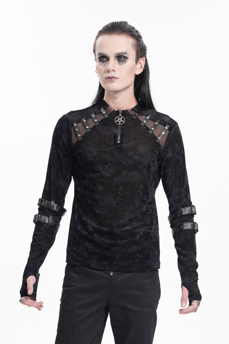 Black Round Collar Long Sleeves Buckle Star Studs Gothic T-shirt
