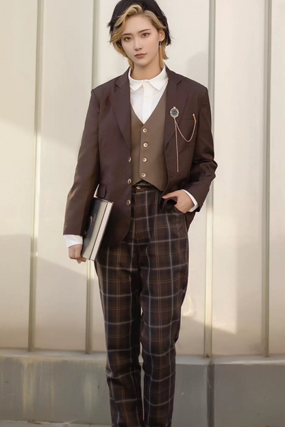 Retro Russian College Trench Coat + Plaid Dress + Plaid Vest + Shirt + Pants + Jacket