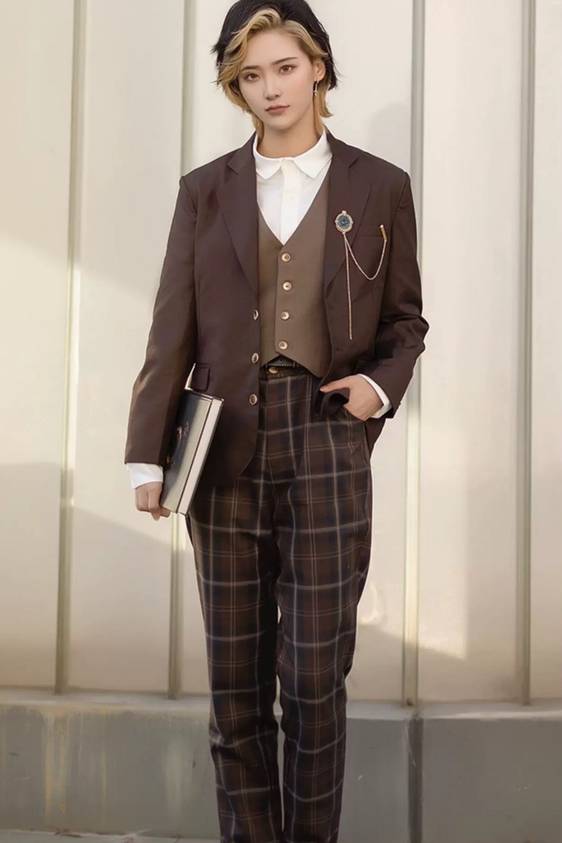 Retro Russian College Trench Coat + Plaid Dress + Plaid Vest + Shirt + Pants + Jacket
