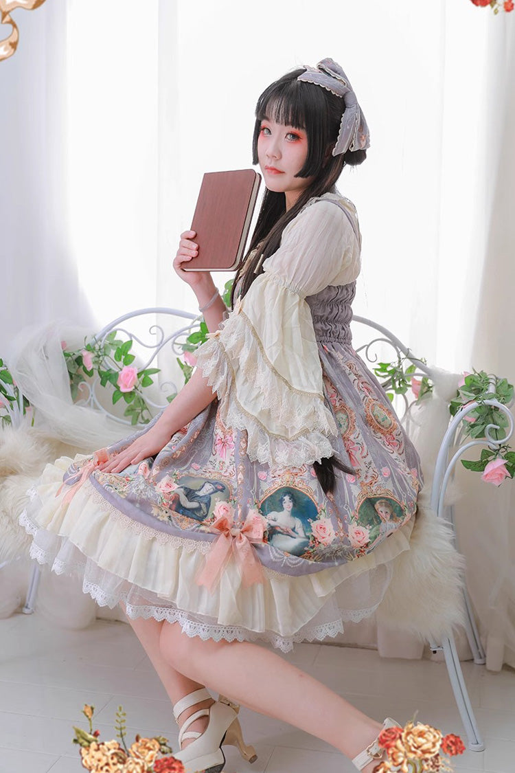 [portrait of a Little Lady] Print Ruffle Bowknot Lace Classic Lolita Jsk Dress 3 Colors