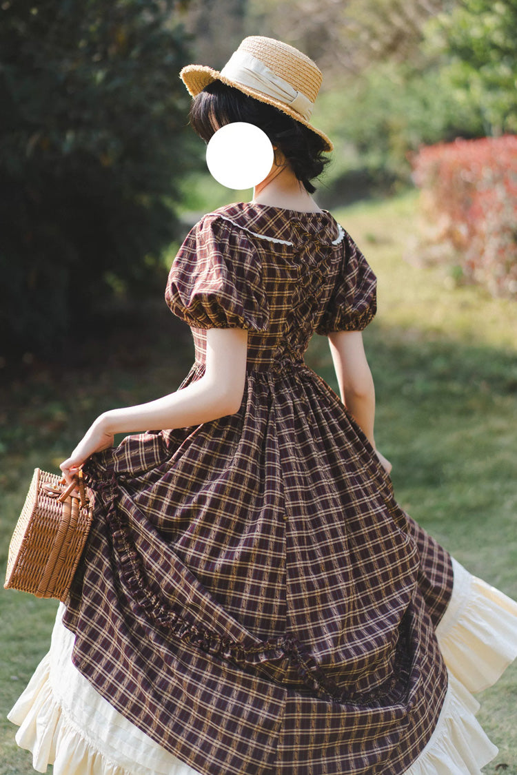Dark Red [forest Picnic] Boat Neck Short Sleeves Printed Lift-hem Ruffled Classic Lolita Dress