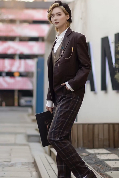 Retro Russian College Trench Coat + Plaid Dress + Plaid Vest + Shirt + Pants + Jacket