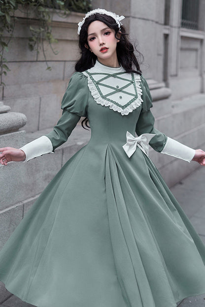 Green Nun Style Stand Collar Long Sleeves Ruffle Bowknot Classic Lolita Dress