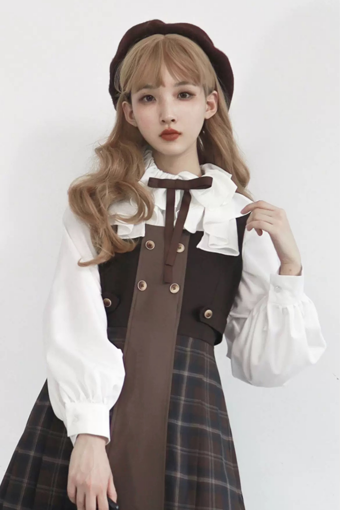 Retro Russian College Trench Coat + Plaid Dress + Plaid Vest + Shirt + Pants + Jacket