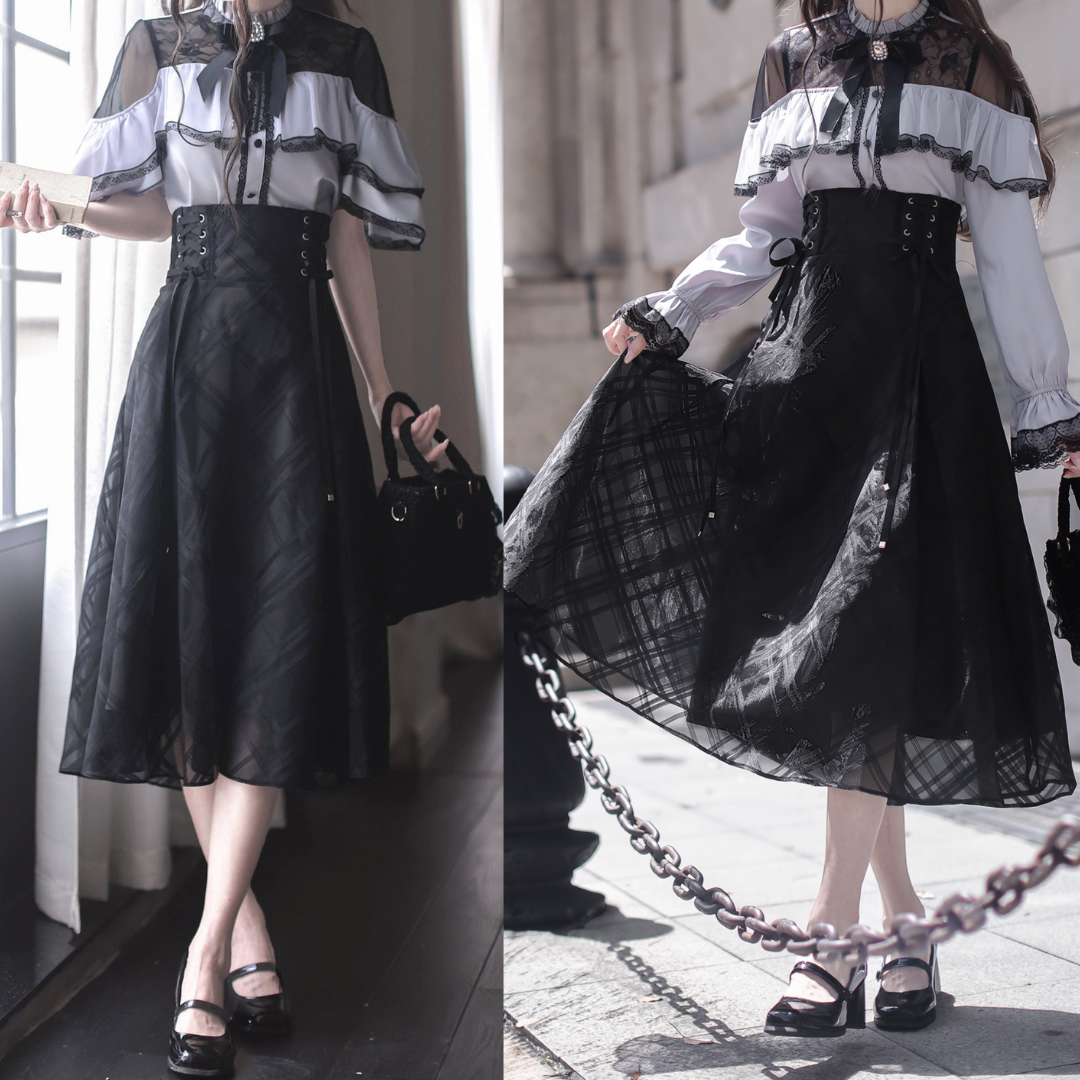 Long Skirt + Lace Shirt + Ribbon