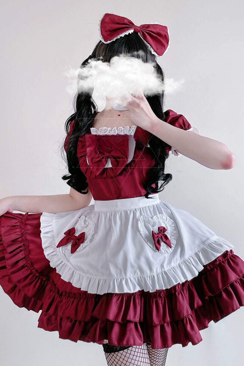 Double Ribbon Ruffle Lolita Maid Dress Set