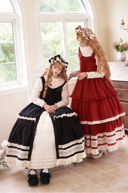 Doll Long Tiered Suspender Skirt + Shirt + Sleeves + Apron + Petticoat + Headband + Ribbon + Accessories