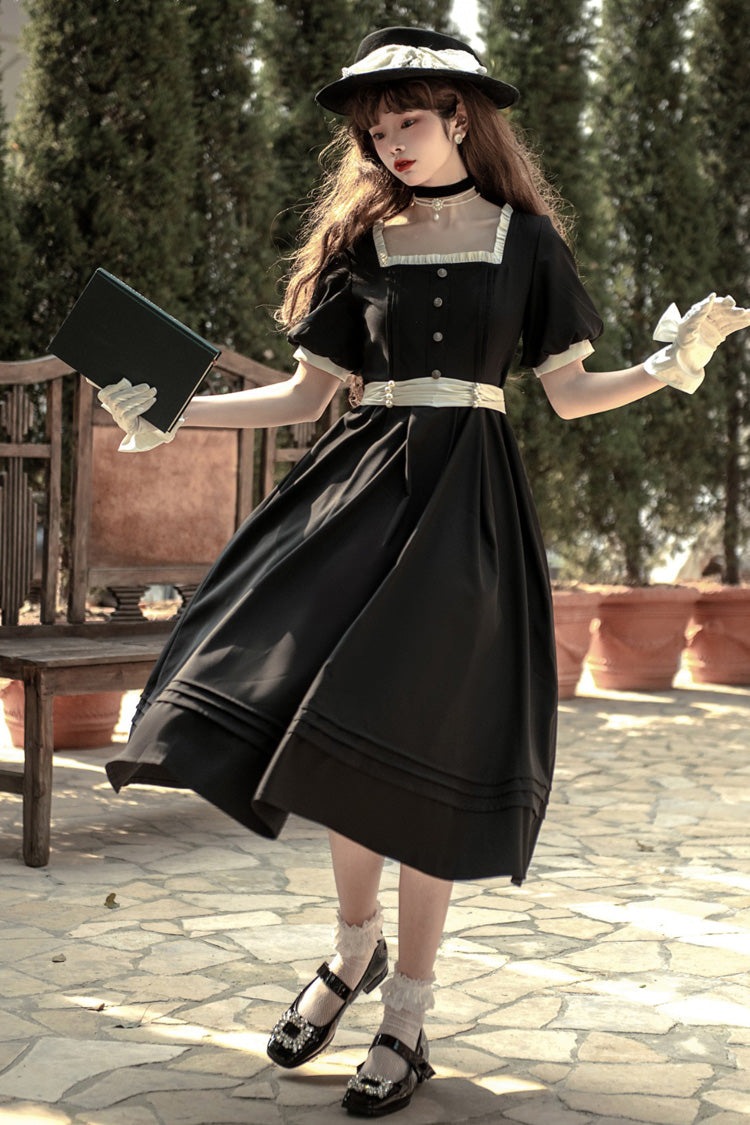 Black [random Thoughts] Square Collar Short Sleeves Ruffle Classic Lolita Dress