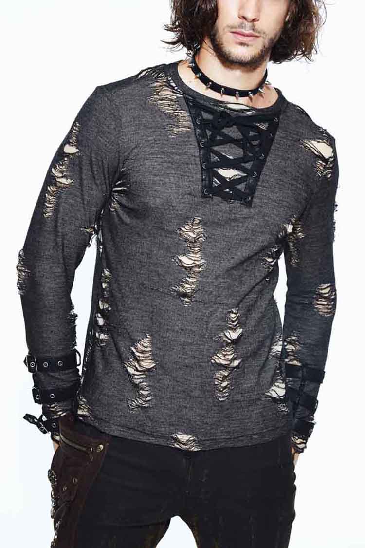 Black Long Sleeves Broken Holes Chest Lace Up Loop Cuff Punk Shirt