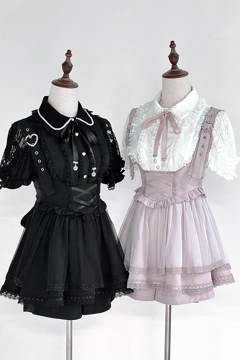 [pre-order] Spray Sheer Lace Sleeve Ribbon Shirt + Strap Bustier Dress