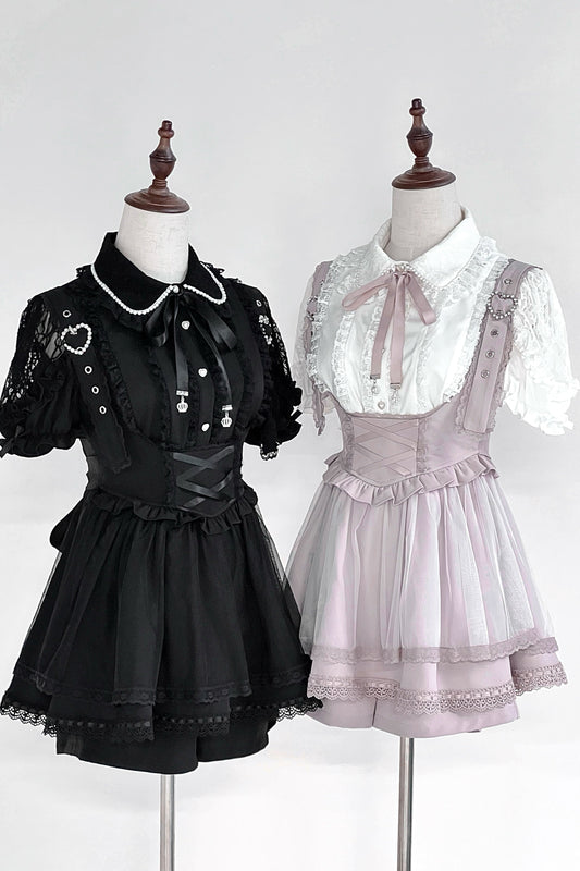 [pre-order] Spray Sheer Lace Sleeve Ribbon Shirt + Strap Bustier Dress