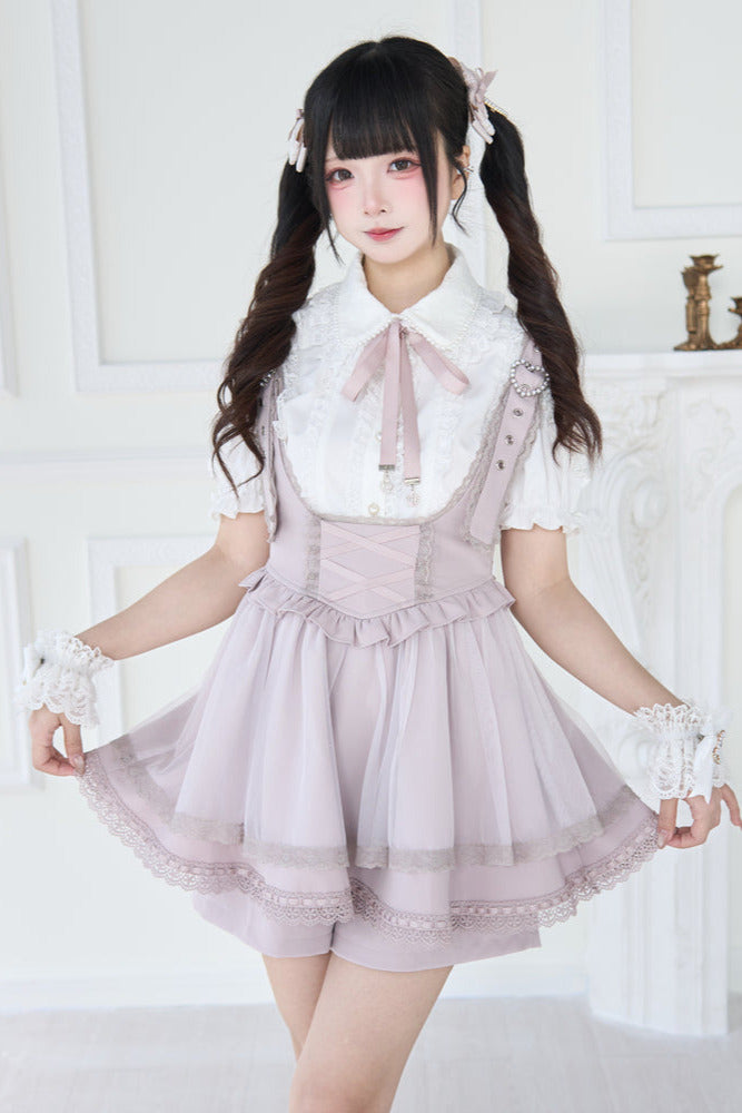 [pre-order] Spray Sheer Lace Sleeve Ribbon Shirt + Strap Bustier Dress