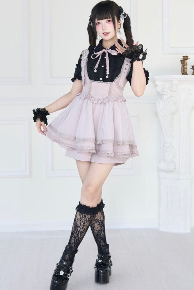 [pre-order] Spray Sheer Lace Sleeve Ribbon Shirt + Strap Bustier Dress