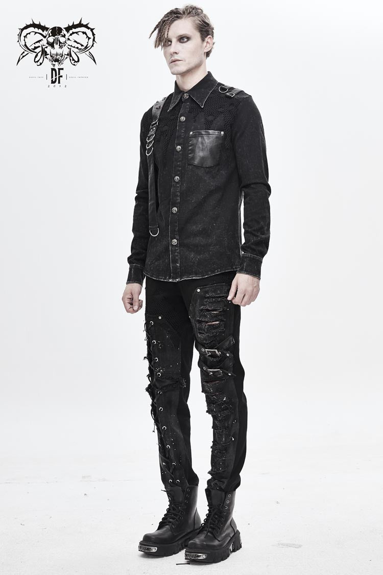 Black Asymmetric Left Shoulder Loop Mesh Rivet Snap Button Punk Shirt