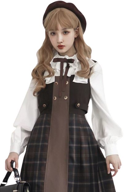 Retro Russian College Trench Coat + Plaid Dress + Plaid Vest + Shirt + Pants + Jacket