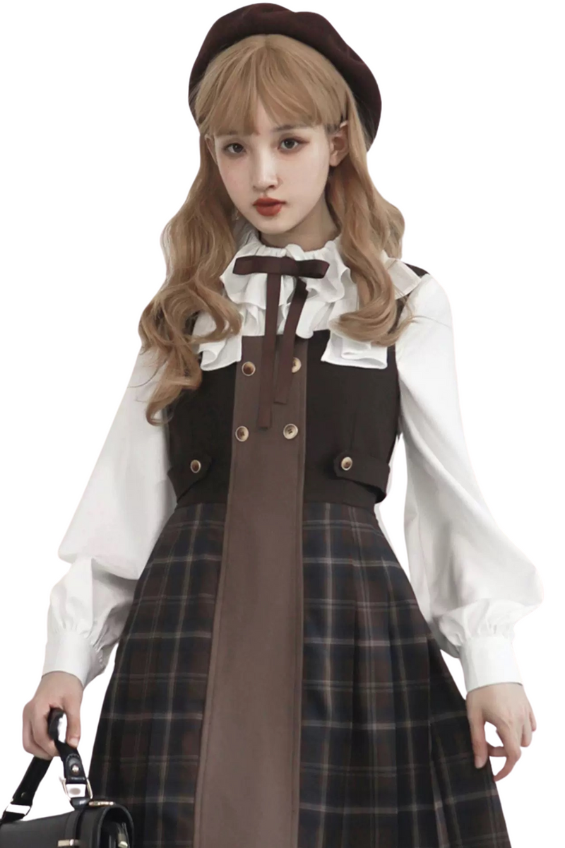 Retro Russian College Trench Coat + Plaid Dress + Plaid Vest + Shirt + Pants + Jacket