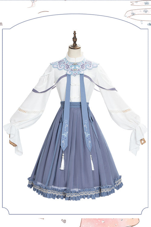 White/blue Chinese Style Hollow Long Sleeve Classic Lolita Dress Full Set