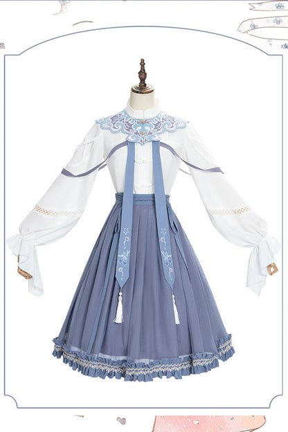 White/blue Chinese Style Hollow Long Sleeve Classic Lolita Dress Full Set