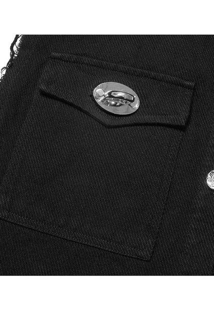 Black Punk Elastic Twill Fabric Featured Flap Pocket Metal Accessories Sleeveless Vest