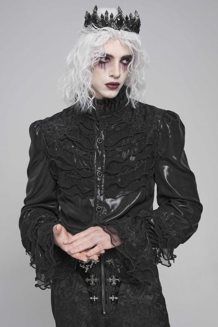 Black Stand Collar Long Puff Sleeves Embroidery Stitching Lace Gothic Blouse