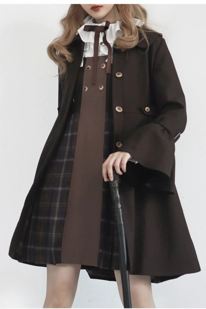 Retro Russian College Trench Coat + Plaid Dress + Plaid Vest + Shirt + Pants + Jacket