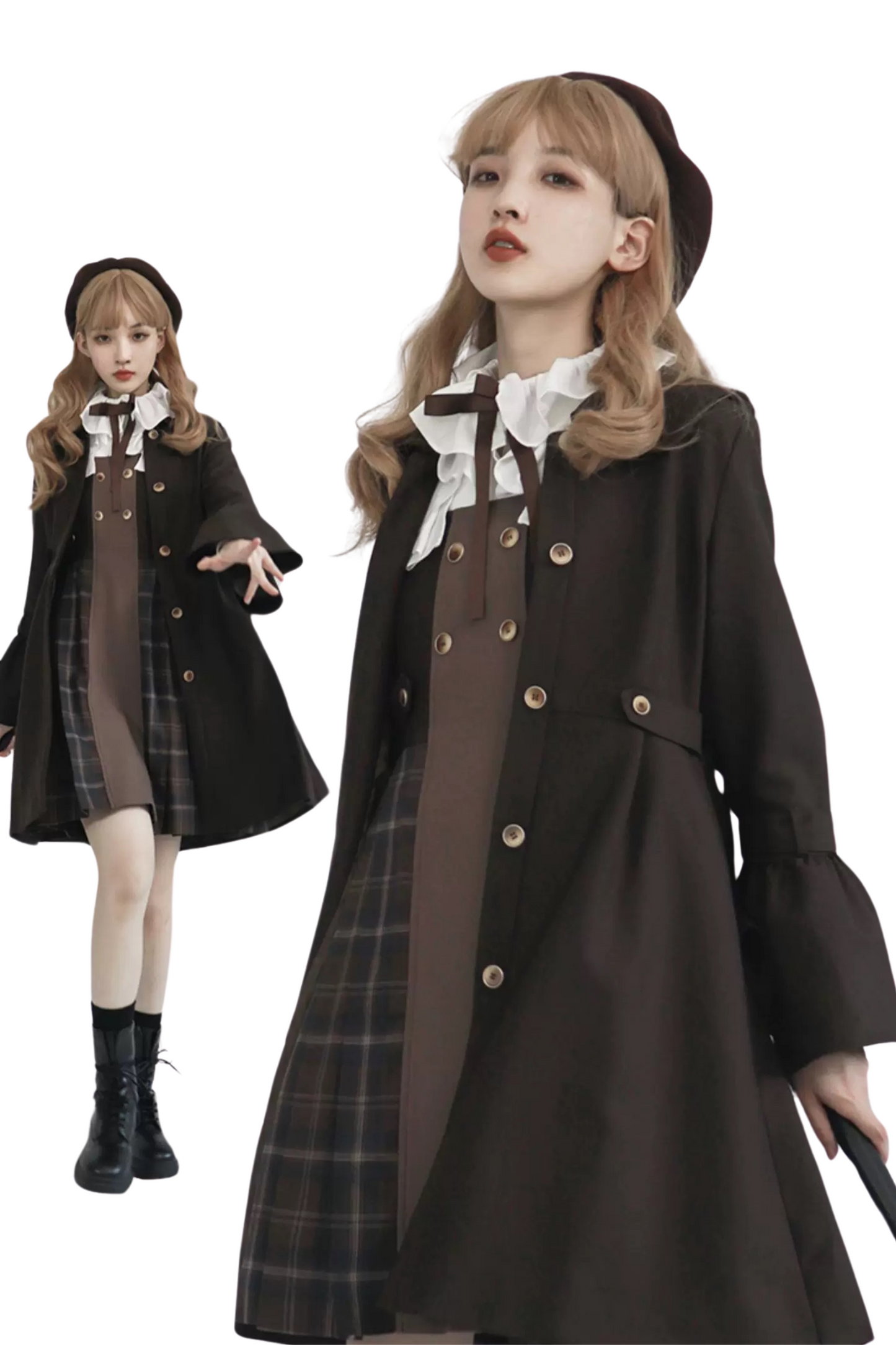 Retro Russian College Trench Coat + Plaid Dress + Plaid Vest + Shirt + Pants + Jacket