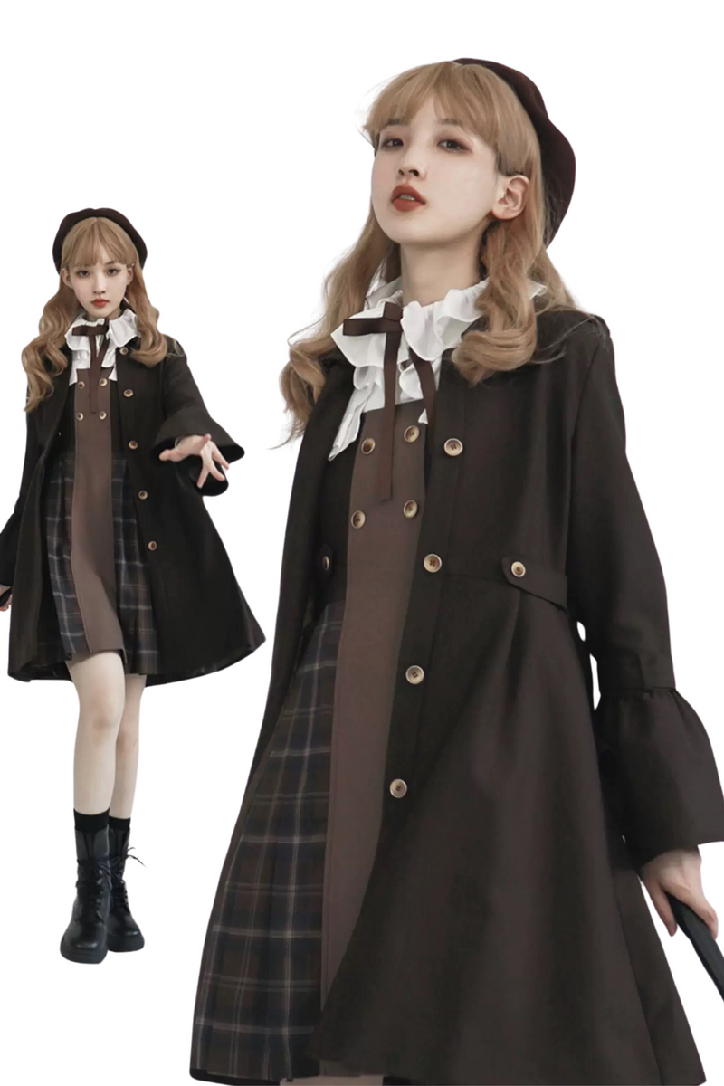 Retro Russian College Trench Coat + Plaid Dress + Plaid Vest + Shirt + Pants + Jacket