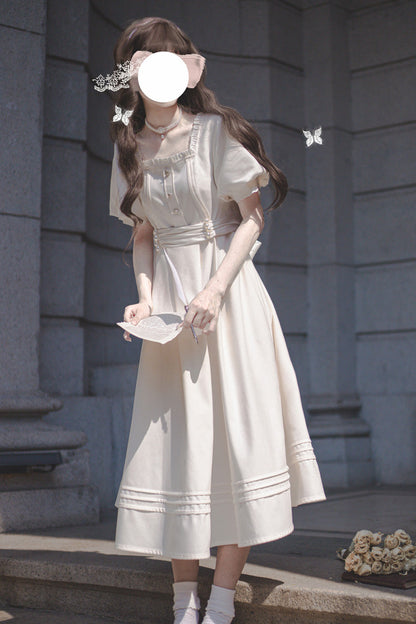 Apricot [random Thoughts] Square Collar Short Sleeves Ruffle Classic Lolita Dress