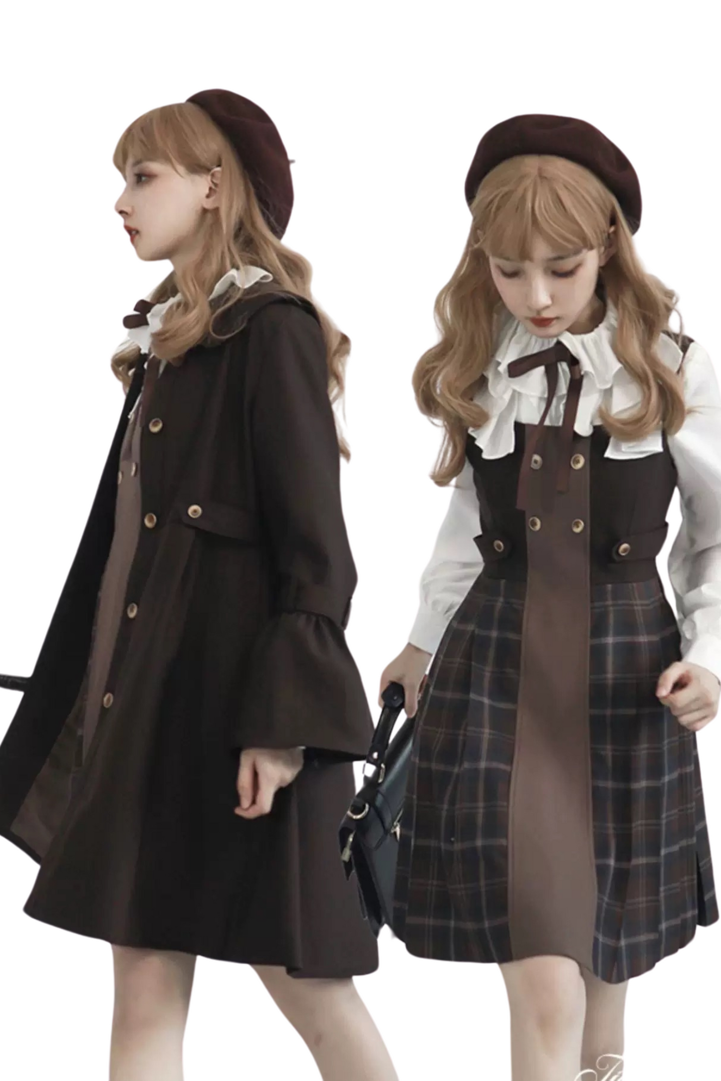 Retro Russian College Trench Coat + Plaid Dress + Plaid Vest + Shirt + Pants + Jacket