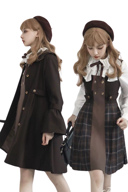 Retro Russian College Trench Coat + Plaid Dress + Plaid Vest + Shirt + Pants + Jacket