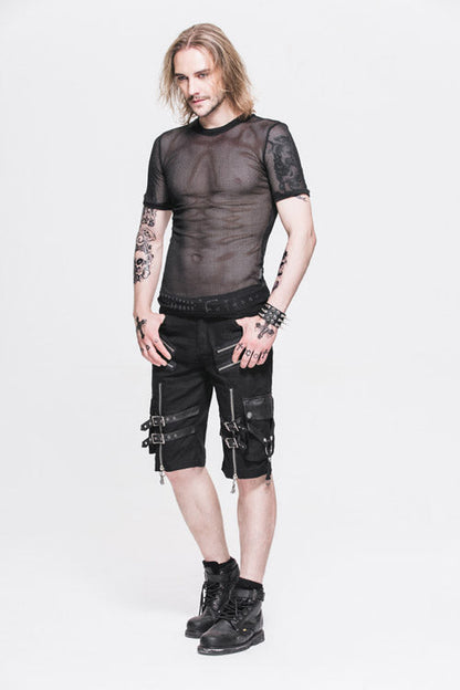 Black Diamond Shaped Mesh Round Neck Short Sleeves Punk Tops T-shirt