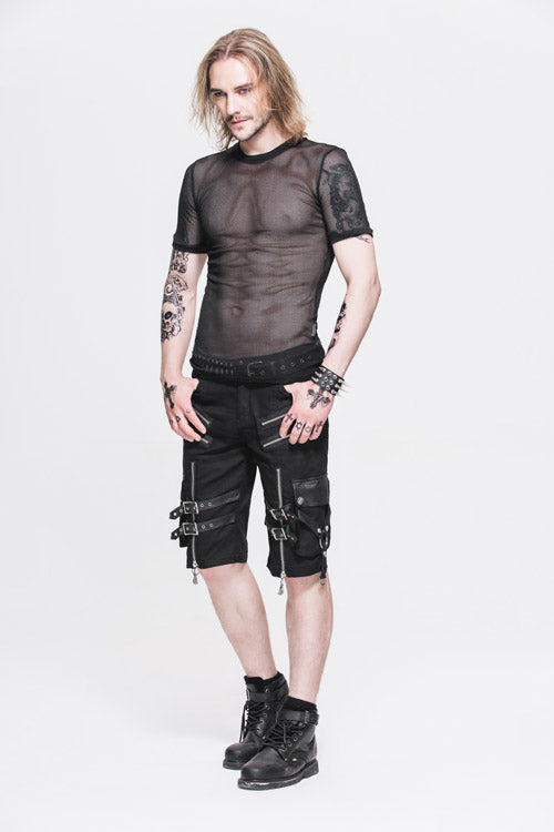 Black Diamond Shaped Mesh Round Neck Short Sleeves Punk Tops T-shirt