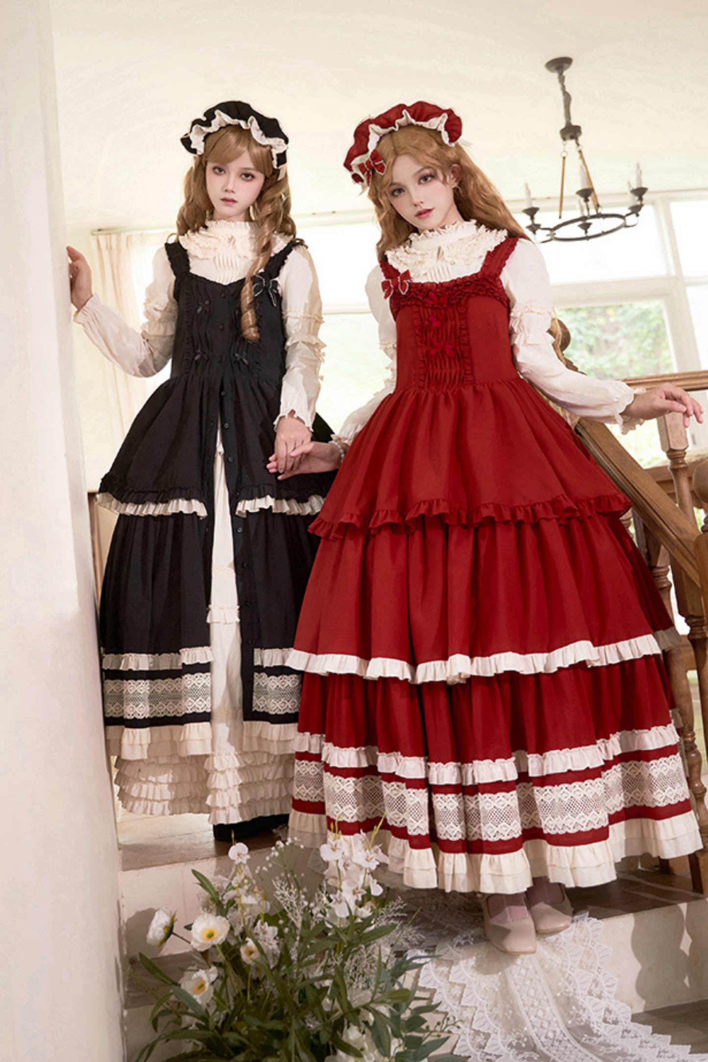 Doll Long Tiered Suspender Skirt + Shirt + Sleeves + Apron + Petticoat + Headband + Ribbon + Accessories