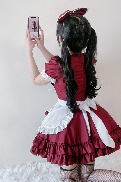 Double Ribbon Ruffle Lolita Maid Dress Set