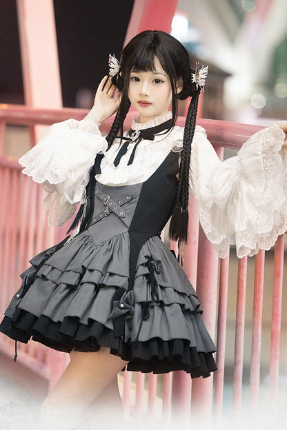Black/grey [machinist] Sleeveless Multi-layered Ruffle Bowknot Classic College Style Lolita Dress