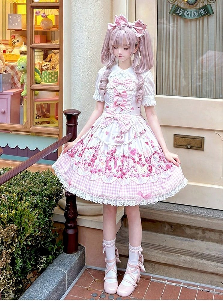 [pre-order Deadline: May 5] Pink Cherry Print Lace Ribbon Bunny Ear Apron Jsk Dress + Accessories