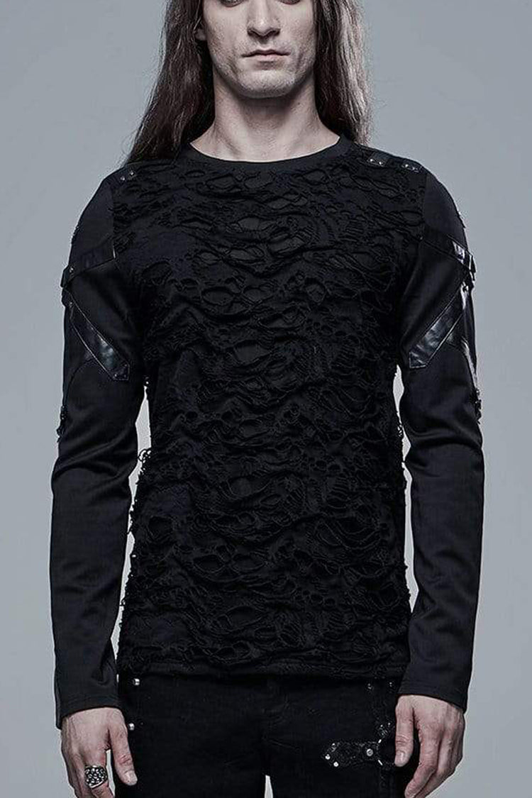 Black Long Sleeve Leather Strap Decoration Broken Holes Knit Punk T-shirt
