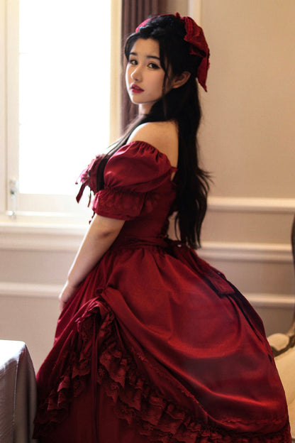 Red Short Puff Sleeves Multi-layered Ruffle Bowknot Classic Lolita Dress