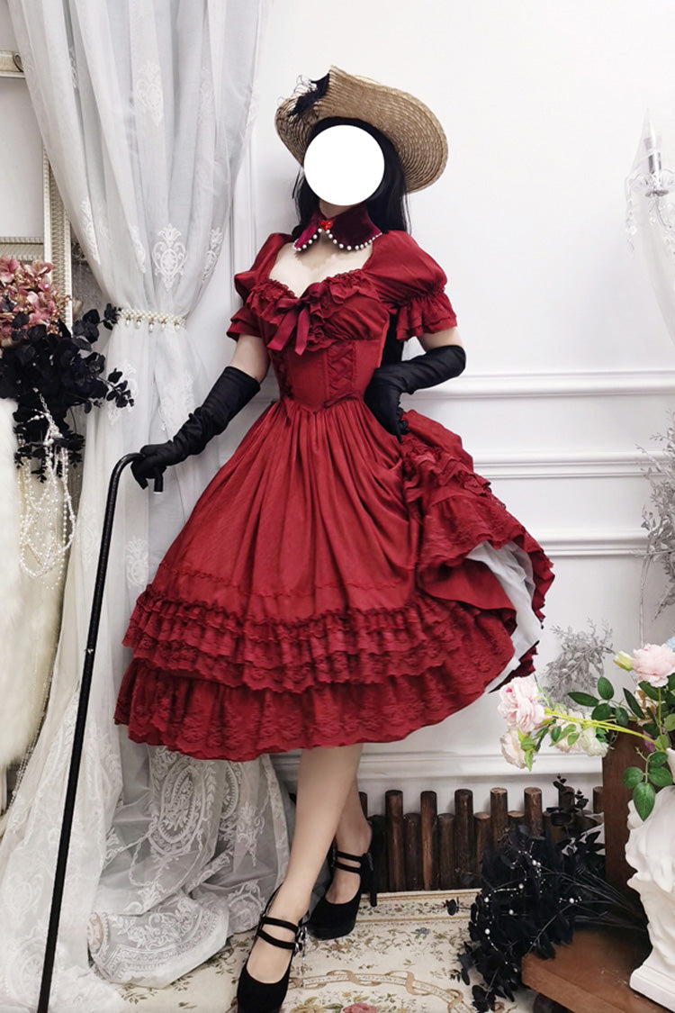 Red Short Puff Sleeves Multi-layered Ruffle Bowknot Classic Lolita Dress