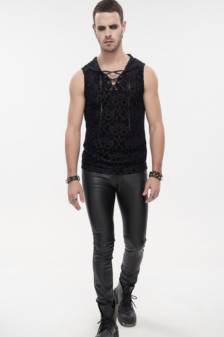Black Punk Velvet Jacquard Chest Tie Sleeveless Hooded Shirt