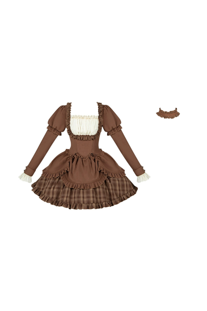 Sweet Checked Doll Dress + 2-way Ribbon + Bow + Hat