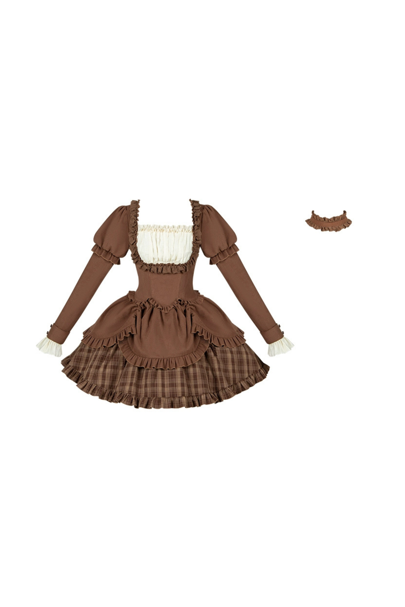 Sweet Checked Doll Dress + 2-way Ribbon + Bow + Hat