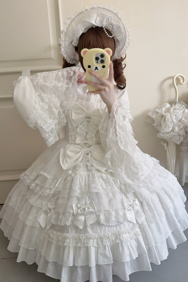 Sweetheart Ruffle Ribbon Lolita Dress + Bnt + Necklace + Princess Sleeve