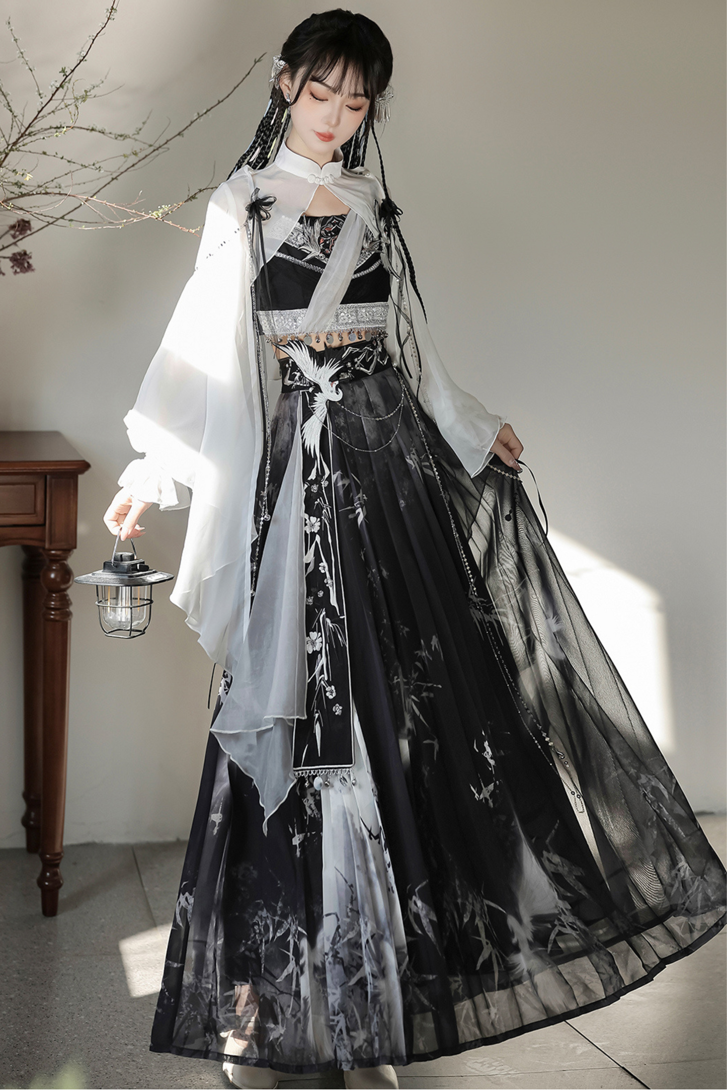 Retro Dark China Skirt + Camisole + Sheer Coat