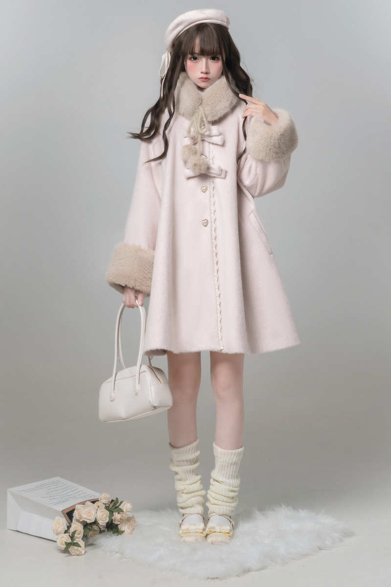 Sweet Girly Ribbon Flared Coat + Fur Collar + Shirt + Skirt + Beret