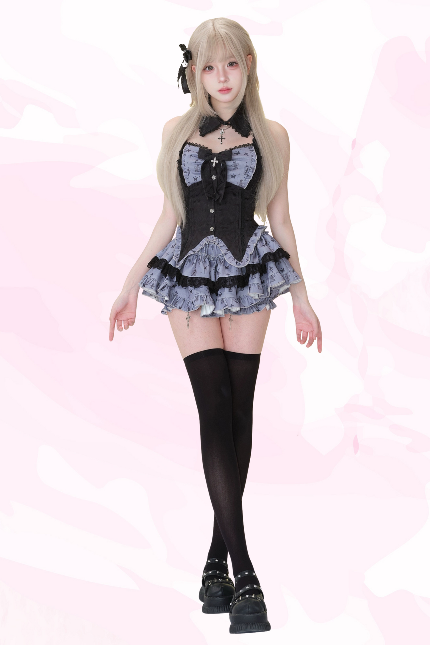 Dark Night Doll Black Print Patchwork Ribbon Top + Print Skirt