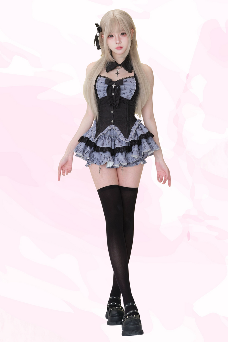 Dark Night Doll Black Print Patchwork Ribbon Top + Print Skirt