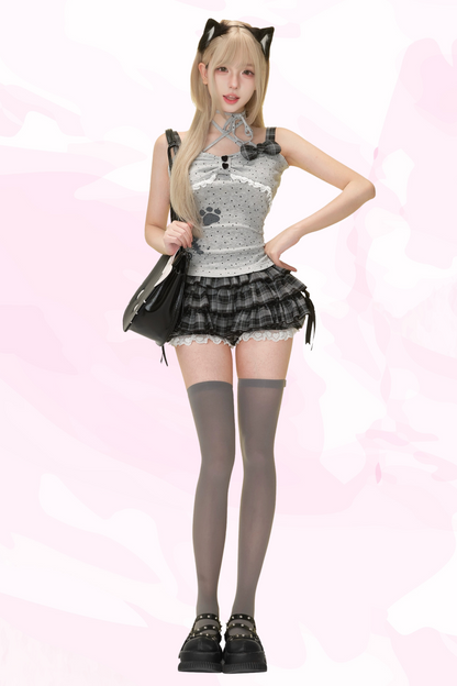 Black Cat Dot Camisole + Plaid Tiered Skirt