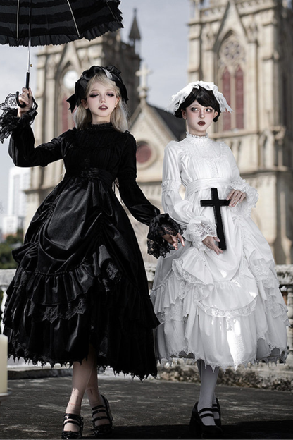 Gothic Doll Multi-tiered Dress + Belt + Fake Collar + Hairband
